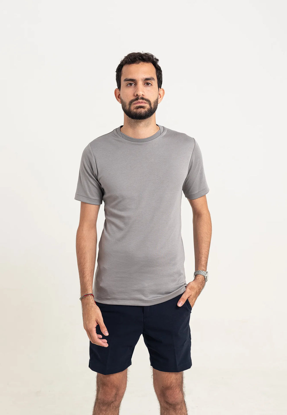 CAMISETA PIMA - GOLA CRUZADA DUPLA - PRATA - imagem 1